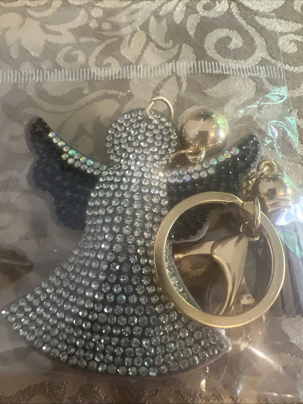 Angel Keychain Purse Charm Silver Black Rhinestones Religious Religion